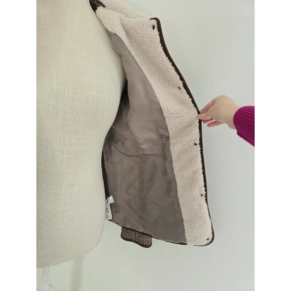 Lauren Ralph Lauren Houndstooth Quilted Jacket S Brown Green Faux Sherpa Collar - Picture 5 of 14